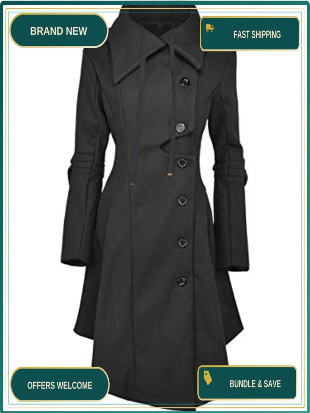 Long Trench Pea Coat 100% Polyester Hooded Winter Coat